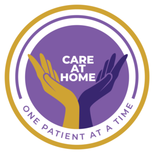 A purple and yellow logo with the words " care at home one patient at a time ".